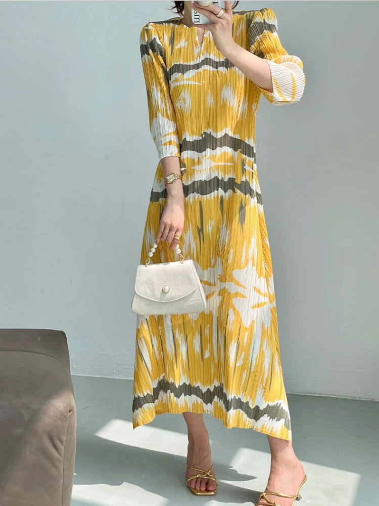 Miyake Pleated Abstract Painting Printed Evening Dresses for Women V- Collar Short Sleeve Elegant Long Robe Party Dress 2023