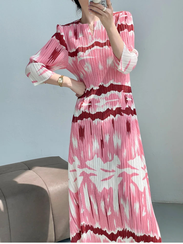 Miyake Pleated Abstract Painting Printed Evening Dresses for Women V- Collar Short Sleeve Elegant Long Robe Party Dress 2023