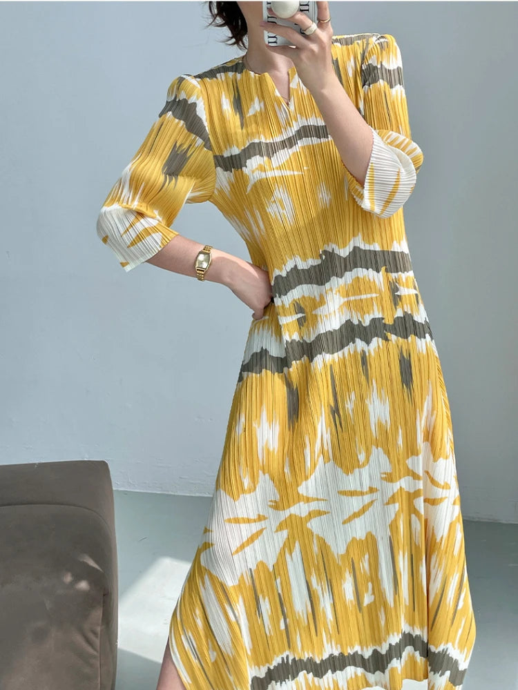 Miyake Pleated Abstract Painting Printed Evening Dresses for Women V- Collar Short Sleeve Elegant Long Robe Party Dress 2023