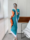 Miyake Pleated Geometric Printed Dress 2023 Summer New Korean Style Women High Fashion Dress Irregular Dress