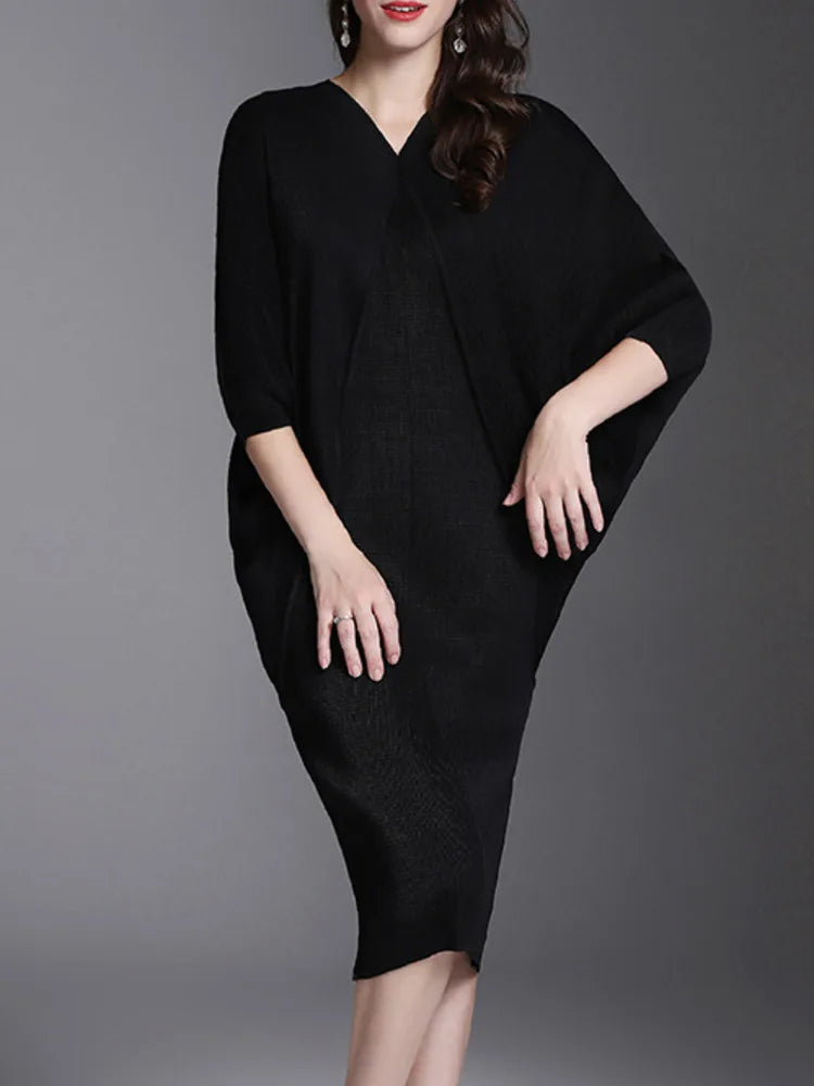 CurveKind™ Solid Pleated Batwing Mid-Calf Dress by Crystal Crystina, alternate view 4