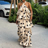 Polka Dot Halter Backless Ruffle Dress