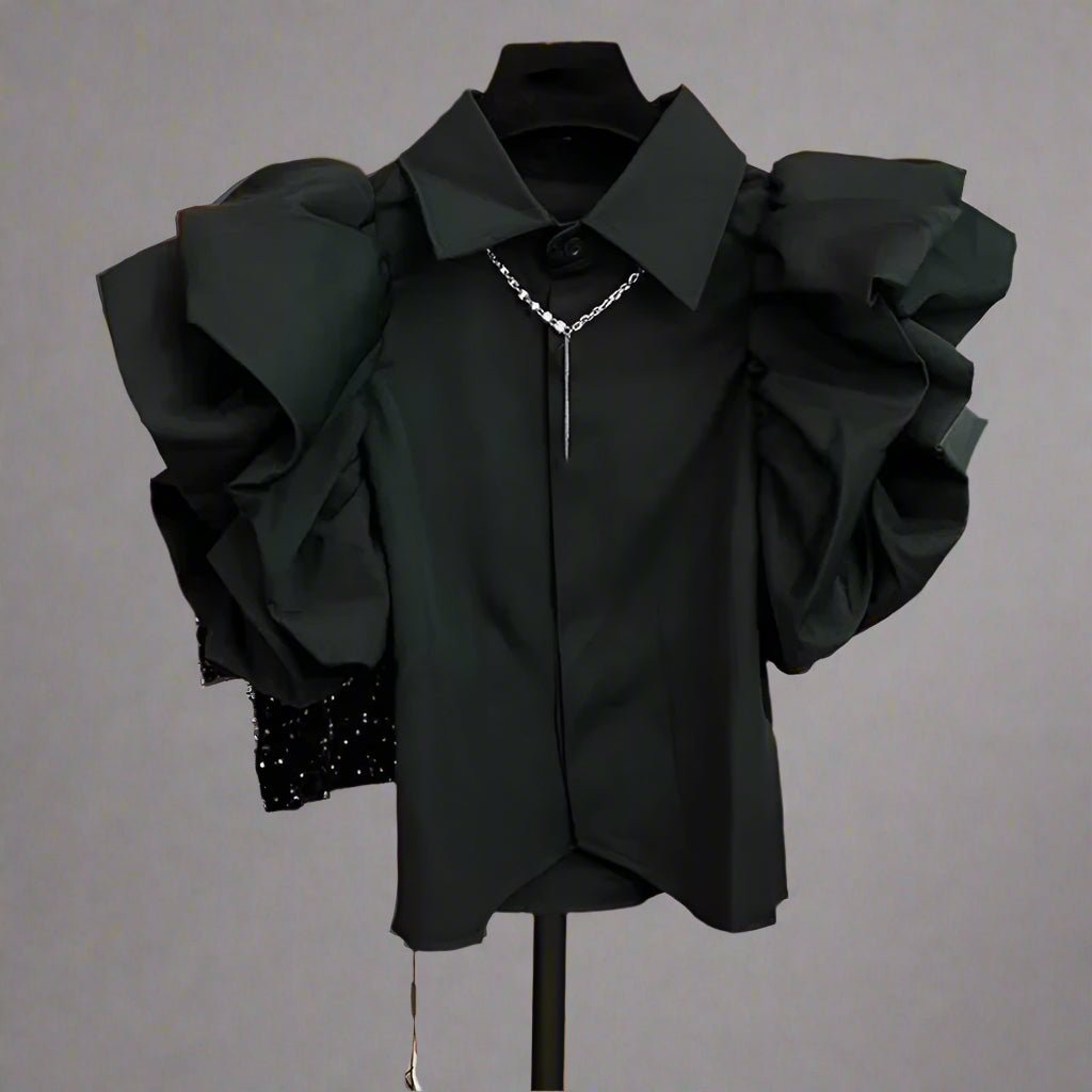 Exaggerated Ruffled Sleeve Black Slim Fit Blouses