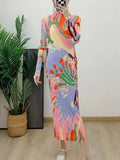 CurveKind™ Printed Stand-Collar Pleated Dress