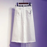 White Distressed Denim Long Skirt