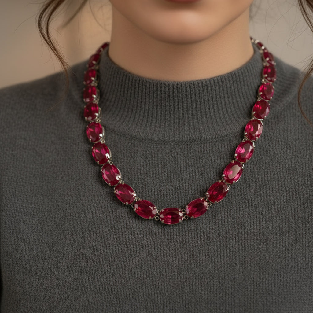 Necklace with red gemstones on a light gray background