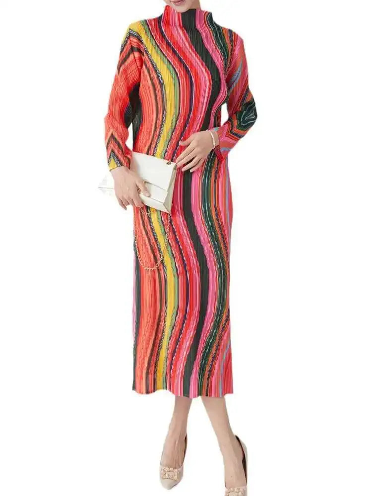 CurveKind™ Striped High-Neck Pleated Midi Dress by Crystal Crystina, alternate view 4