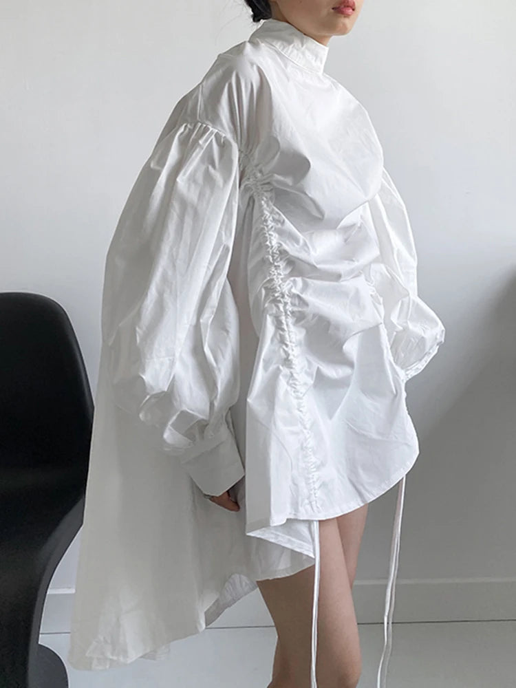 Drawstring Puffed Sleeve White Blouse by Crystal Crystina, alternate view 2
