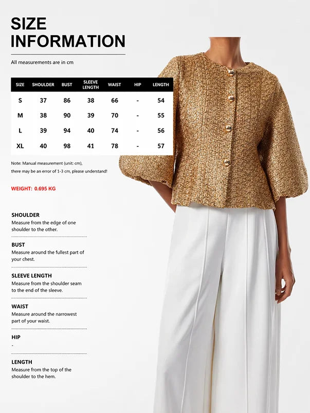 Gold Tweed Puff Sleeve Peplum Jacket