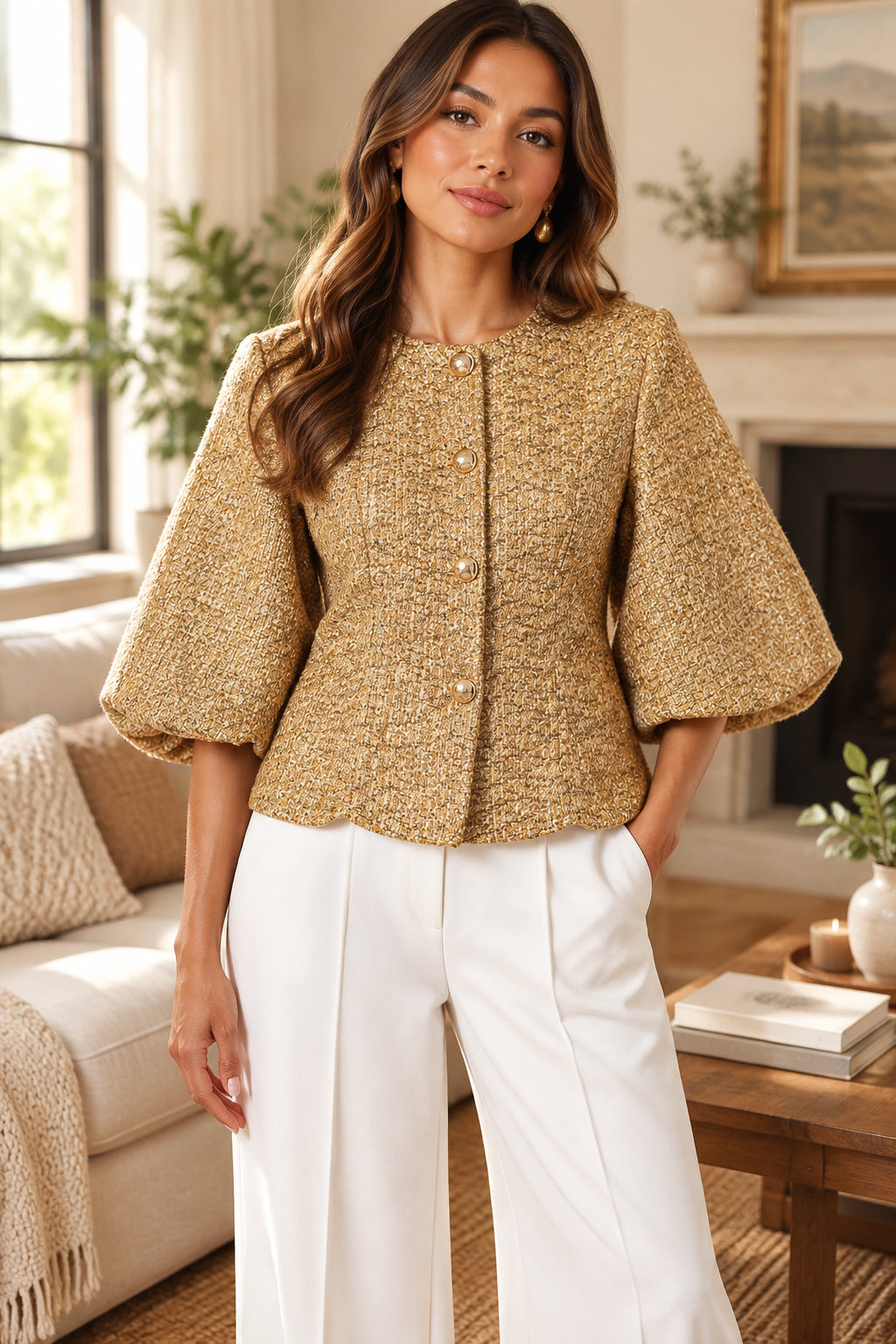 Gold Tweed Puff Sleeve Peplum Jacket