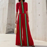 Contrast Color Two Piece Set - Skinny Top And A Wide Leg Long Pant