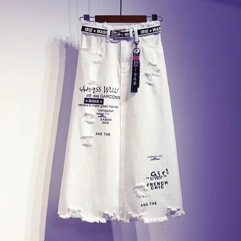 White Distressed Denim Mid-Calf Skirt by Crystal Crystina, primary view