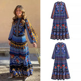 Vintage Print O-Neck Patchwork Long Dress