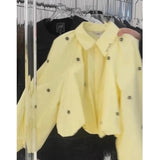 Turn-down Collar Long Puffy Sleeve Cropped Blouse