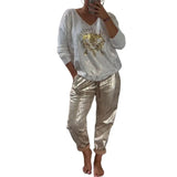 Wide Leg Pants Eye Print V Neck Top Drawstring Pants Set