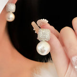 Zircon Pearl Stud Earrings| Geometric Square Round