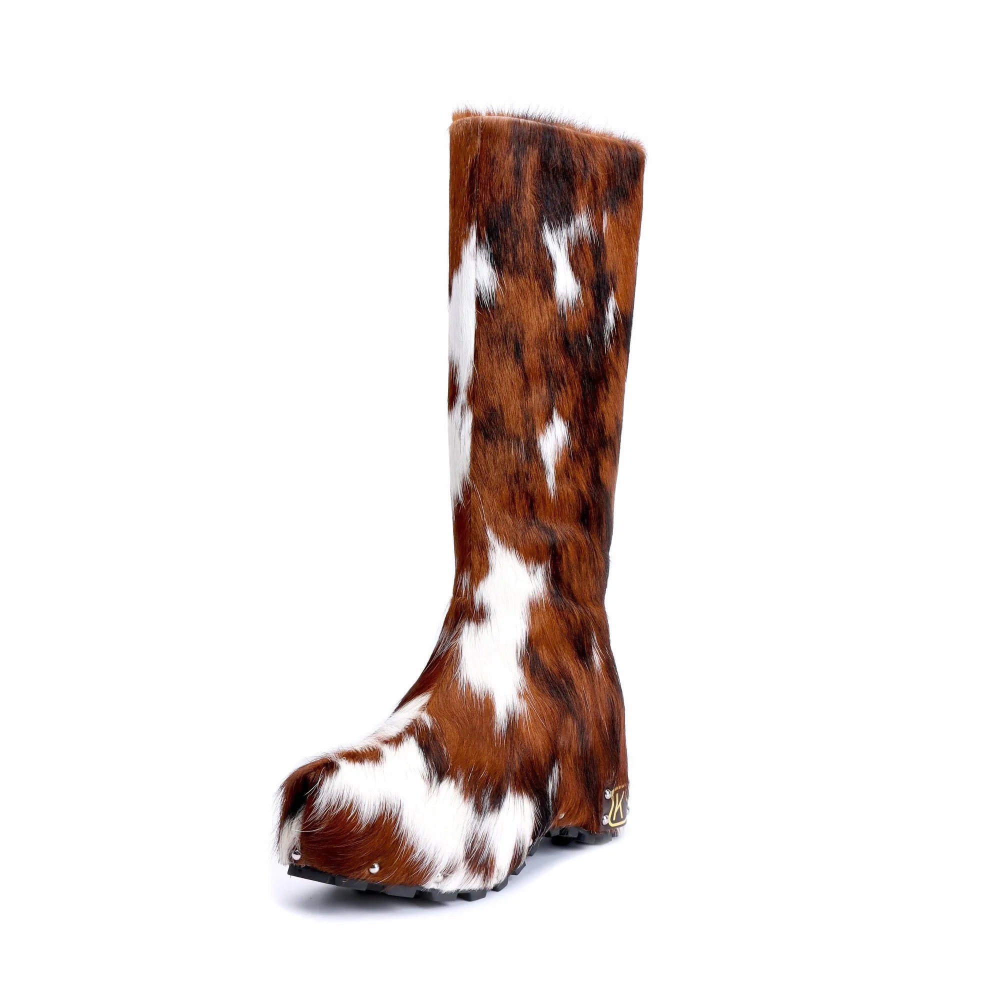 Handmade Studded Knee-High Platform Boots with Real Calf Hair