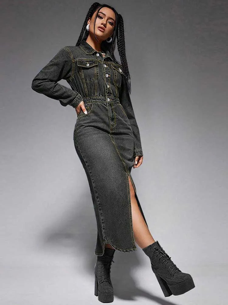 Turn-Down Collar Denim Maxi Dress by Crystal Crystina, alternate view 4