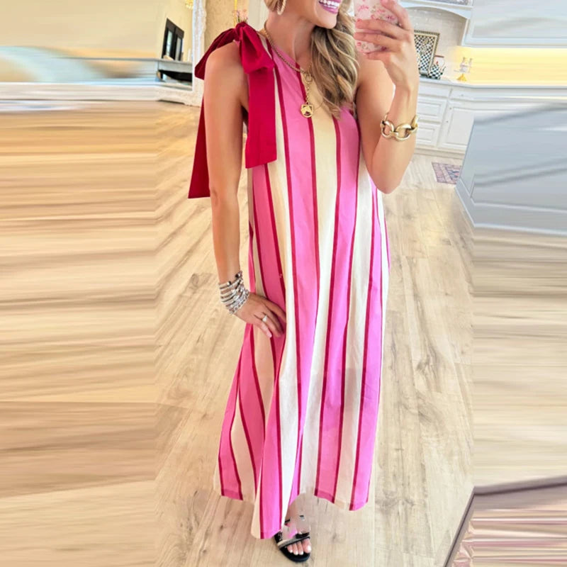 Striped Slant Neck Lace-Up Maxi Dress