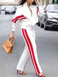 High Neck Zippered Loose Fit Jacket and High Waist Side-striped Pants