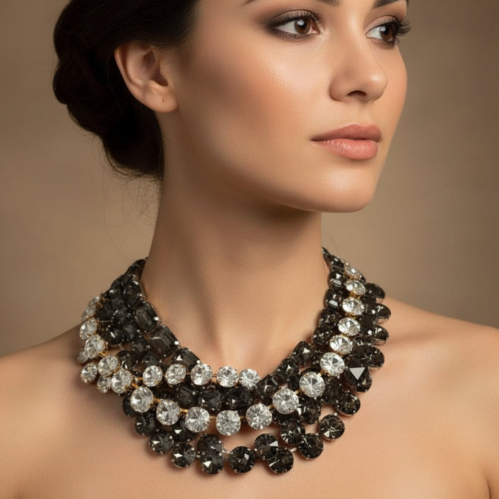 A multi-strand statement necklace with faceted black and clear rhinestones, displayed on a beige mannequin bust against a neutral gray background.