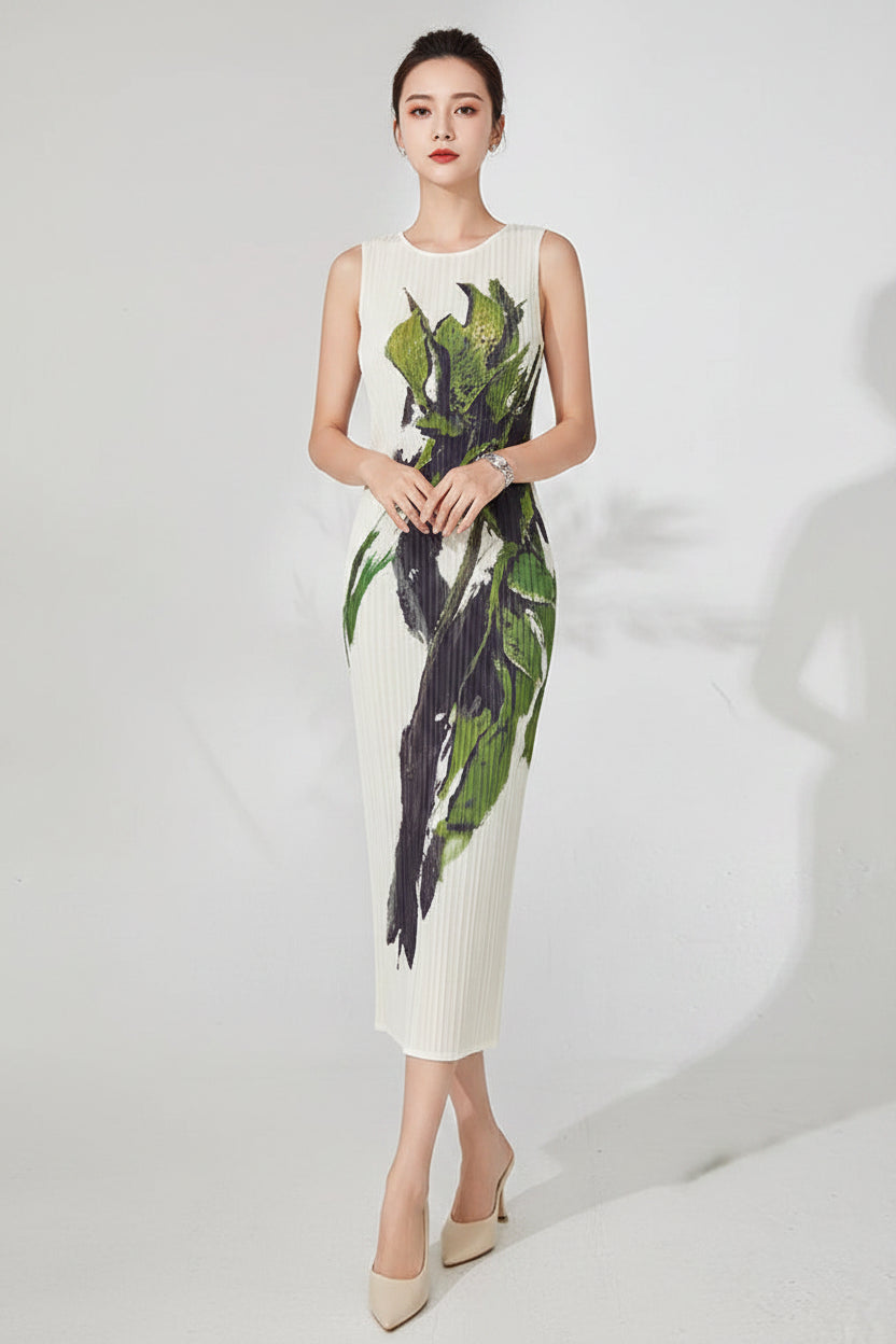 Woman wearing a sleeveless dress with floral pattern on a white background