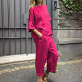 2 Piece Set - Half Sleeve O Neck Top And Loose Pocket Pant