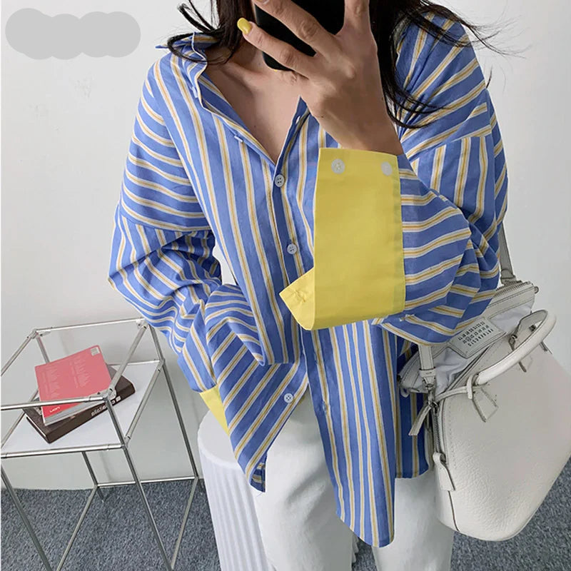 Stripe Contrast Color Patchwork Blouse