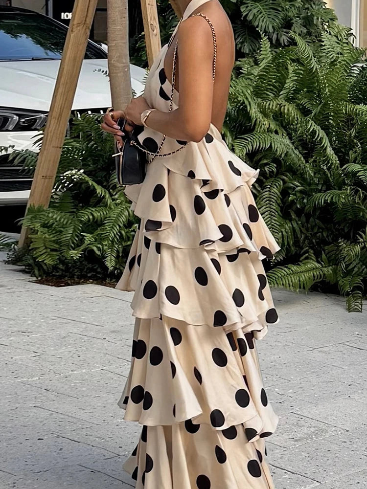 Polka Dot Halter Backless Ruffle Dress by Crystal Crystina, alternate view 5