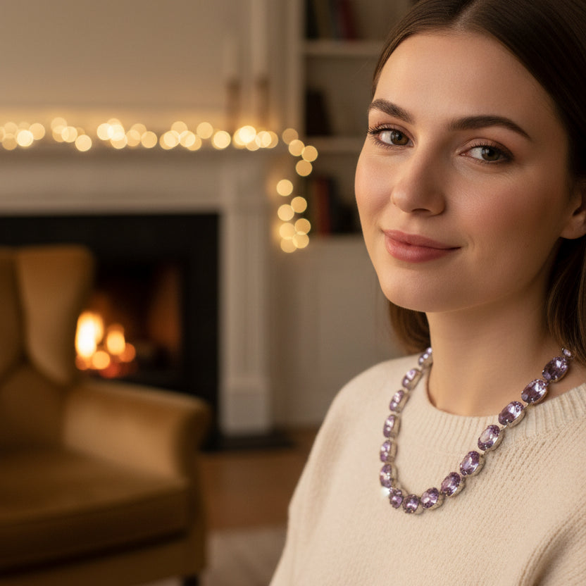 Purple gemstone necklace on a mannequin bust against a brown background