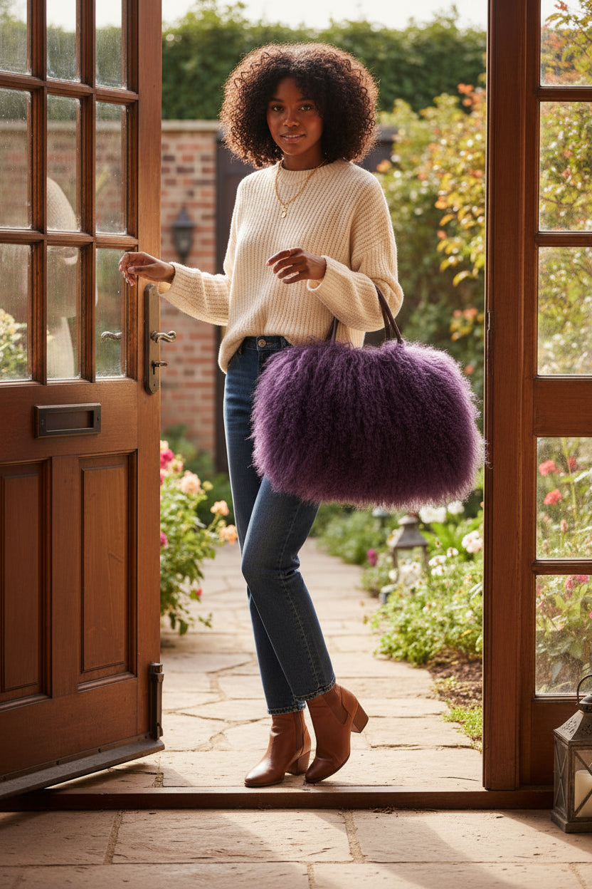 Purple fluffy handbag on a white background