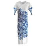 White dress with blue floral pattern on a white background