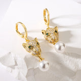 Leopard Gold Dangle Pearl and Gold Stone  Embellished Earrings 