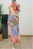 CurveKind™ Printed Stand-Collar Pleated Dress