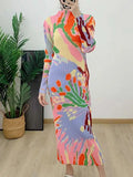 CurveKind™ Printed Stand-Collar Pleated Dress