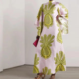 Chic Stand Collar Printed Long Sleeve High Waist Dress