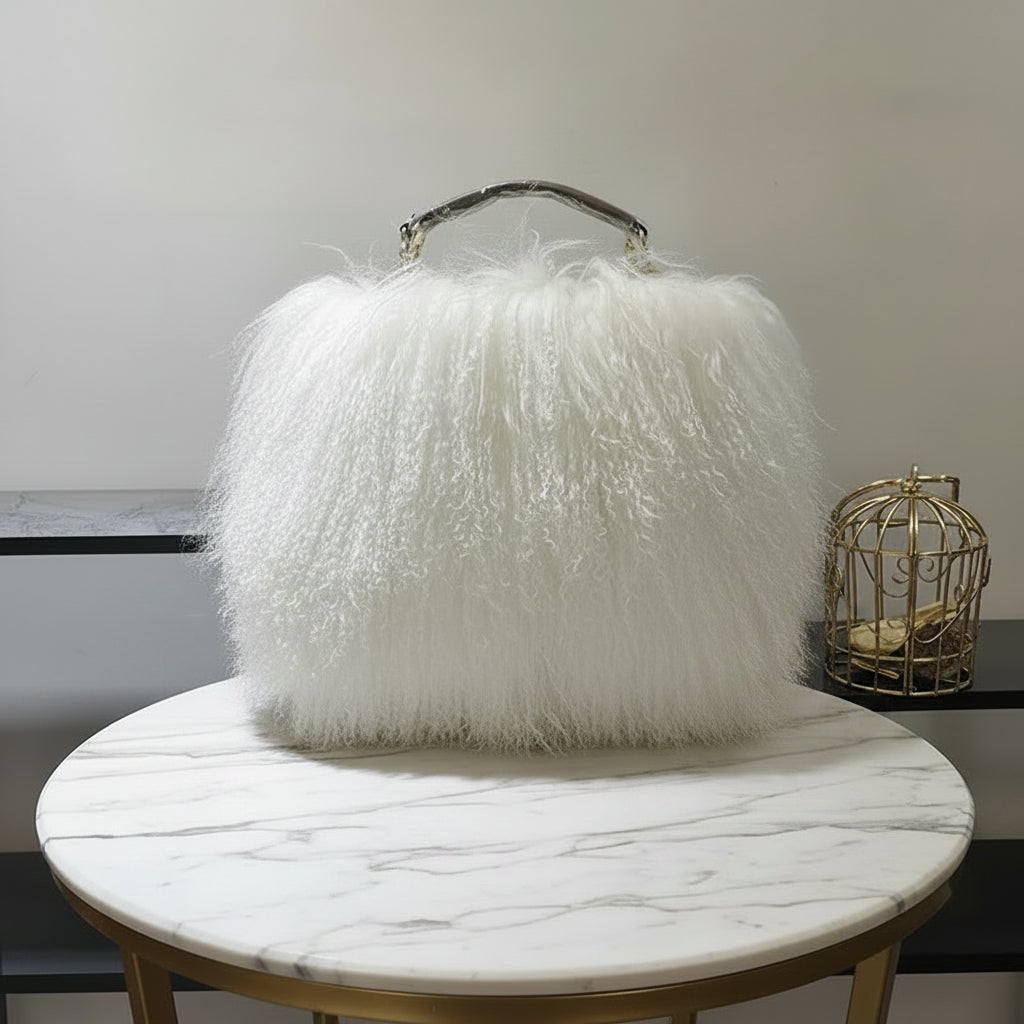 White fluffy garment on a mannequin against a neutral background