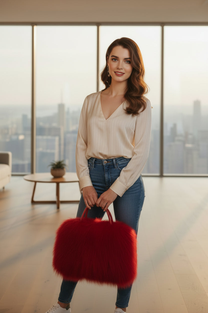 A woman stands in a modern room with large windows overlooking a city skyline, wearing a dark sleeveless dress and holding a bright red fluffy handbag.