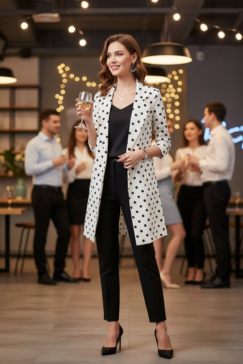 White blazer with black polka dots on a gray background