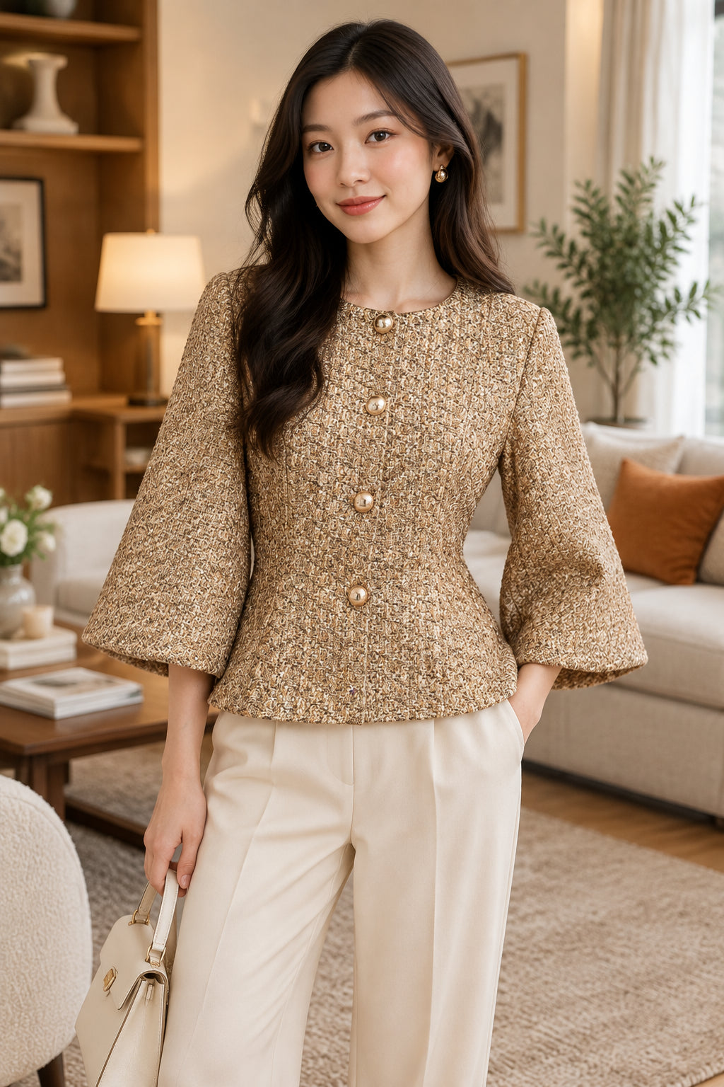 Gold Tweed Puff Sleeve Peplum Jacket