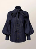 Bow-Embellished Denim Blouse Top