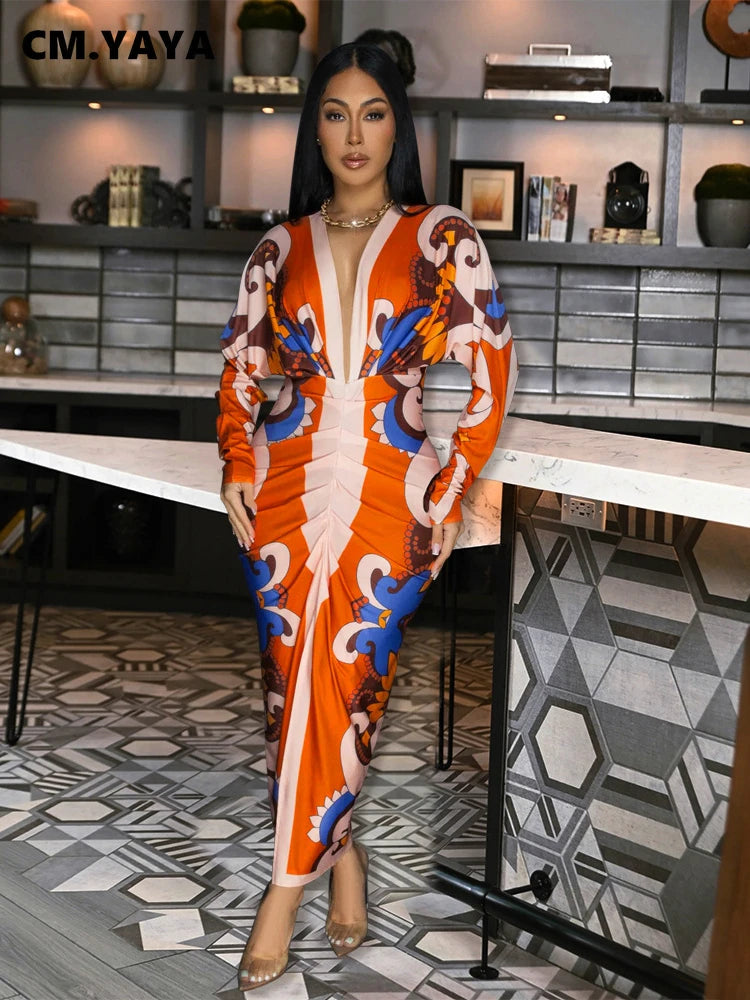 CM.YAYA Women Paisley Geometrical 3D Print Full Sleeve Ruched Deep V-neck Bodycon Midi Maxi Dress 2024 Sexy Club Party Dresses
