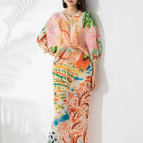 CurveKind ™ Miyake Pleated Print Bat Sleeve V-Neck Dress