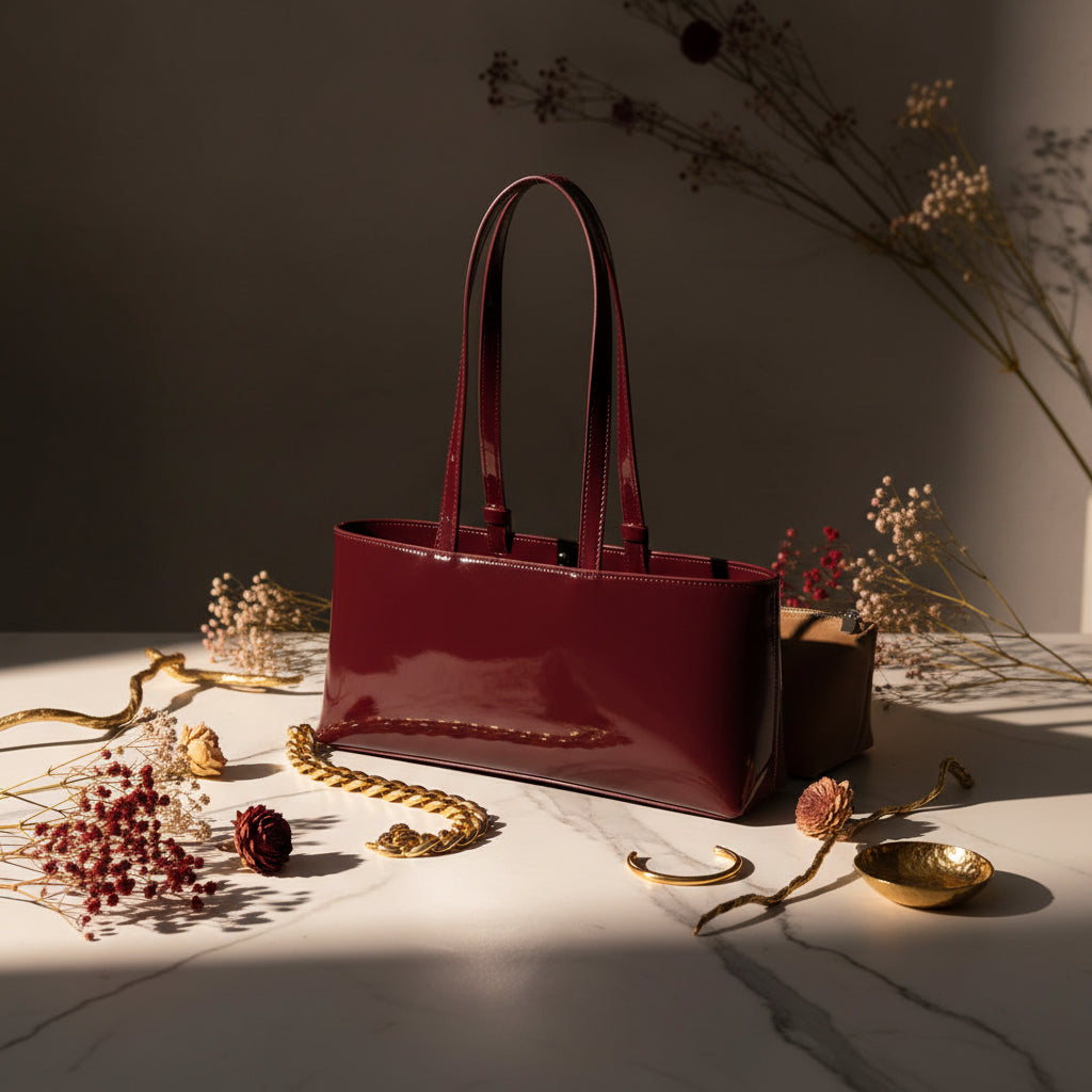 Brown clutch bag and red patent leather tote on a white background
