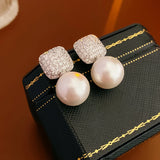 Zircon Pearl Stud Earrings| Geometric Square Round