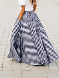 Pleated Bohemian Gingham Print A-Line Maxi Skirt with Pockets