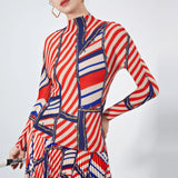 CurveKind™ Striped Turtleneck Pleated Two-Piece Maxi Set