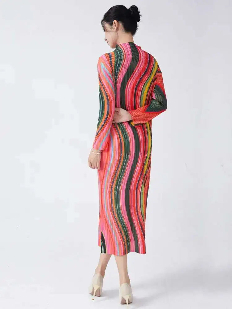CurveKind™ Striped High-Neck Pleated Midi Dress by Crystal Crystina, alternate view 3