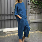 2 Piece Set - Half Sleeve O Neck Top And Loose Pocket Pant