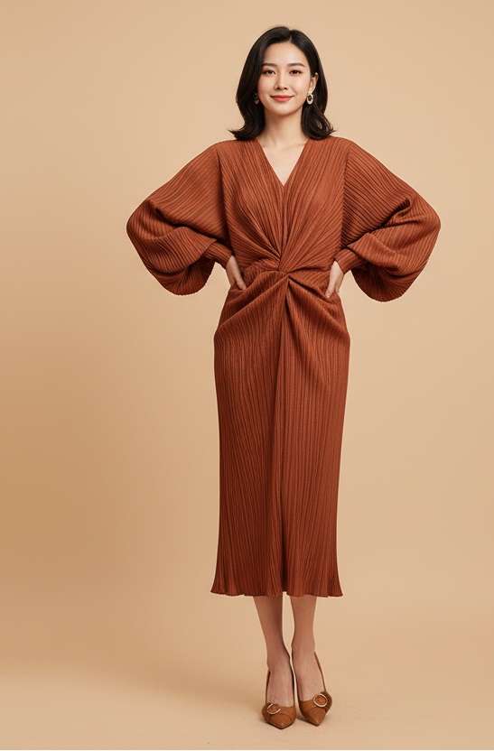Brown ribbed dress on a mannequin against a gray wall.